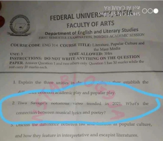 Photo| Tiwa Savage sex tape saga appears as exam question in Nigerian University