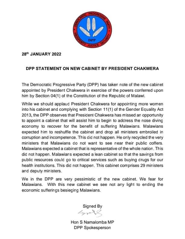 DPP attacks Chakwera on Cabinet