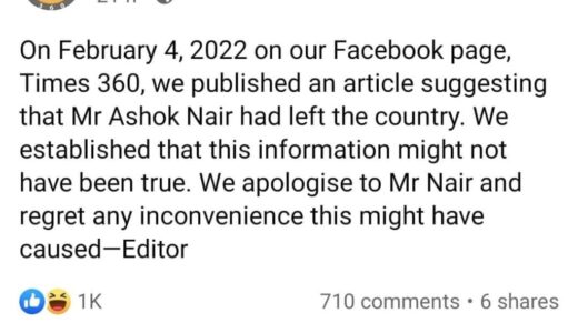 Times Group Apologies to Ashok Nair for publishing false Article…. Retracts Fake News