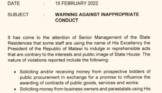 Corruption Rampant At Malawi State House- Chief Of Staff Admits in Leaked Memo