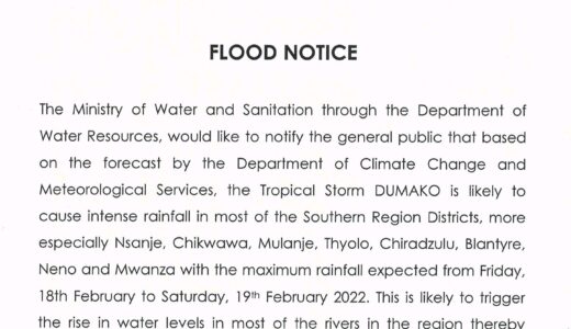 Tropical Cyclone ‘Dumako’ to hit Malawi from Friday, govt warns of second wave floods in the south