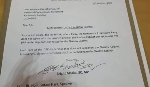 Bright Msaka Pulls Out Of Nankhumwa’s Shadow Cabinet