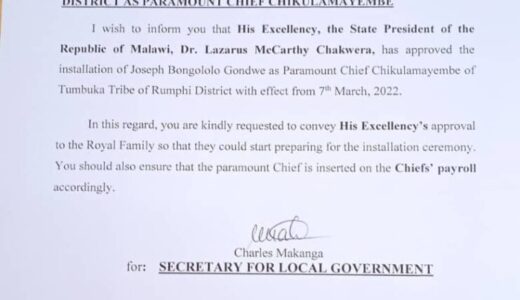 President Chakwera Approves Bongololo Gondwe As Paramount Chief Chikulamayembe