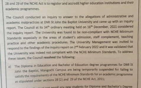 NCHE Pounce on DMI St John the Baptist University, Suspends Education Faculty