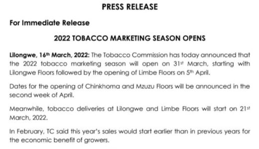 TOBACCO MARKETING SEASON TO OPEN MARCH END: To open earlier for the economic benefit of the growers