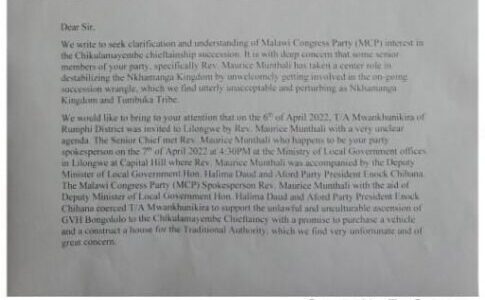 MCP Told Off In Chikulamayembe Chieftainship Succession