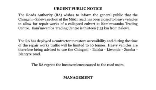 Chingeni-Zalewa section of the M001 road closed