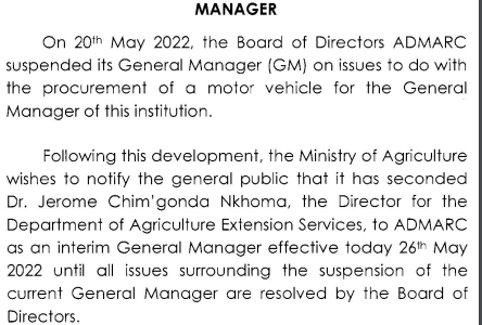 Chim’gonda Appointed As Interim ADMARC Caretaker