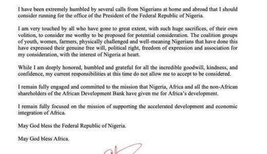 African Development Bank President Dr. Akinwuni Adesina says no to Nigeria’s Presidency offer