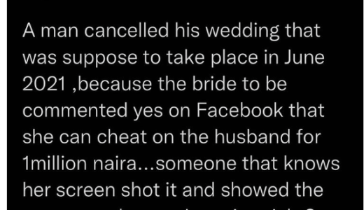 Man cancels wedding with fiancée over her Facebook comment that she can cheat for 1 million