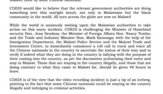 All Chinese nationals in Malawi must be traced-CDEDI demands
