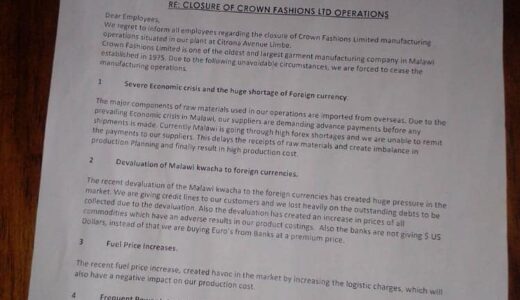 Crown Fashions Limited to shut down temporally, 520 workers to lose jobs