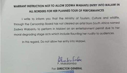 Immigration Department Orders all borders not to allow Zodwa Wabantu into Malawi