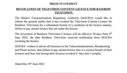 MACRA revokes Licence for Rainbow Television