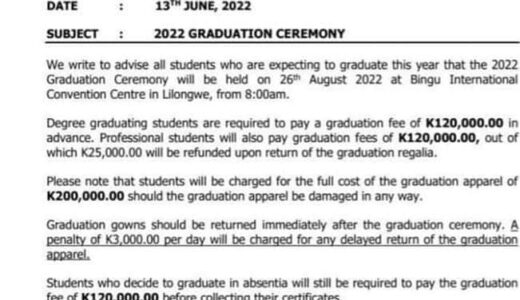 MCA graduating students to pay MK120, 000 for gown