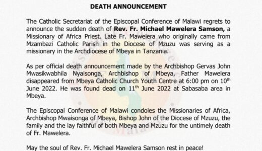 Malawi’s Catholic Priest Michael Mawelera Samson Dies Mysteriously In Tanzania
