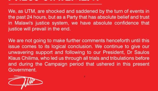 UTM reacts to Chakwera’s action on Chilima