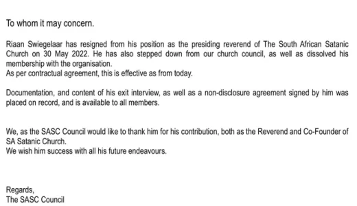 Watch| Co-founder of SA Satanic Church RESIGNS after turning to GOD