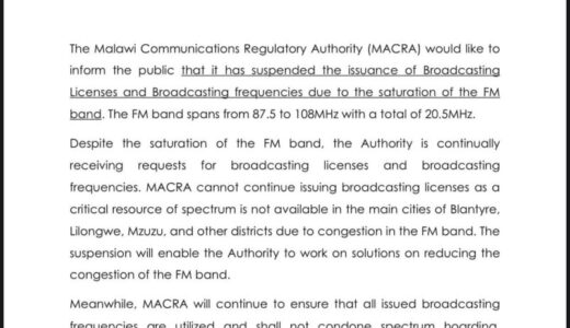 Malawi Suspends Issuance of Broadcasting Licenses