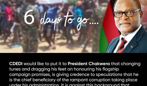 CDEDI Tells Chakwera to stop taking Malawians for granted: “Our patience has worn thin”