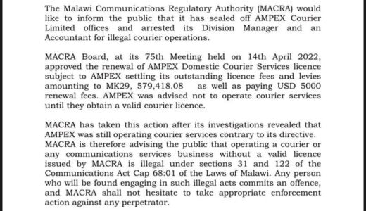 Macra Stabs Malawi’s Trade Minister Katsonga: Shuts Down His Ampex Courier