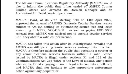 MACRA seal Ampex Courier over non-payment of licence fees