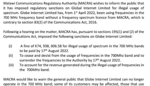 MACRA fines Globe Internet Mk74 million