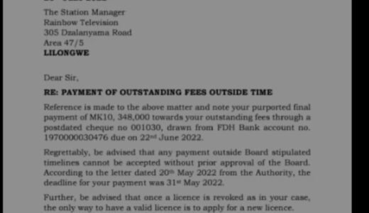 MACRA asks Rainbow Television to apply for new licence