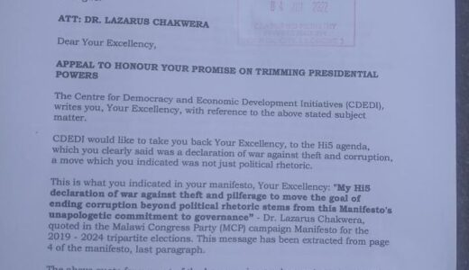 CDEDI Tells Chakwera to honour  his campaign promise of trimming presidential powers, amend section 91 if you are clean