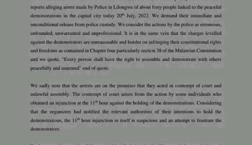 PACENET call for immediate releases of 70 people arrested during violent protests in Lilongwe