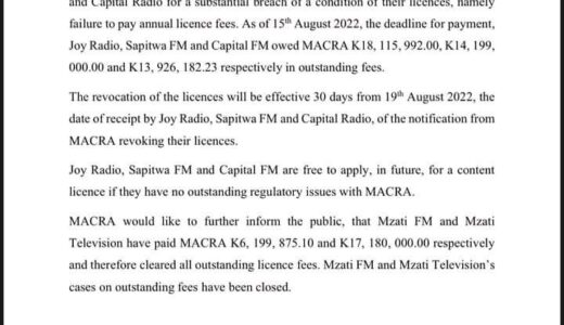 MACRA Revokes License for Bakili Muluzi’s Joy Radio