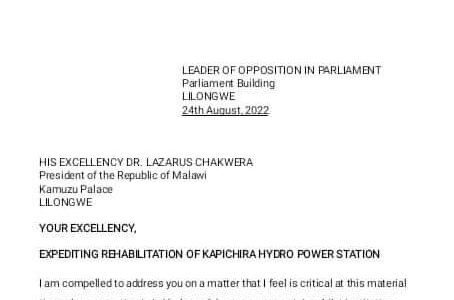 Opposition Leader Dr. Nankhumwa Pens Chakwera Over Blackouts: ‘Mr. President, This Country is in a Crisis’