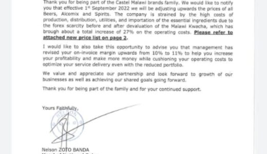 Castel Malawi hikes beer prices