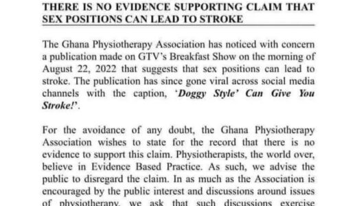 ‘Doggy Style’ Doesn’t Cause Stroke: Ghana Physiotherapy Association Finally Speak – Reactions