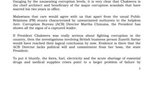 Chakwera is “Chief architect” of major corruption scandals-Says API