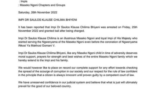 Maseko Ngoni’s sympathizes with Impi Chilima: “He deserves our moral support and prayers.”