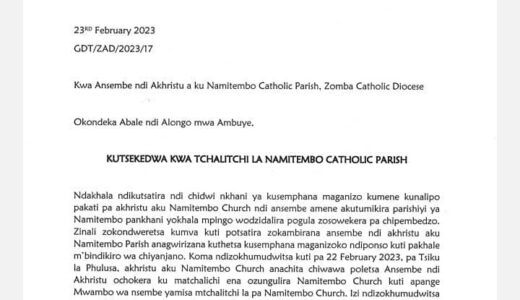 Archbishop George Tambala closes Namitembo Catholic Church in Zomba