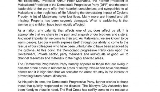 Mutharika calls for support for flood victims as death toll hits 190