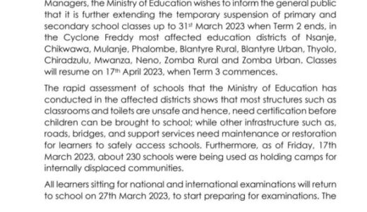 CYCLONE FREDDY: Govt further suspends classes to April 17 in Southern Region