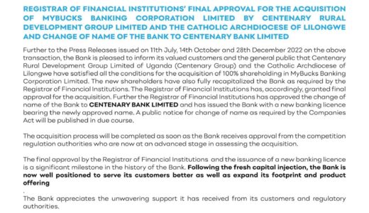 My Bucks renamed to Centenary Bank Limited as Catholic Church finally acquires the bank