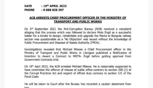 ACB arrests Chief Procurement Officer for Issuing Notice of Intention to Award Mota-Engil the Marka – Bangula Railway Contract before Conclusion of Processes