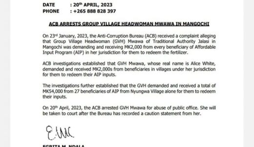 ACB arrests Chief Mwawa of Mangochi for demanding money from AIP beneficiaries