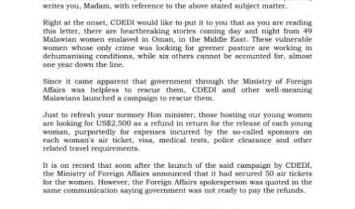 MK400mn for repatriating enslaved women in Oman grow wings… Foreign Affairs Minister given seven days to update Malawians on the matter