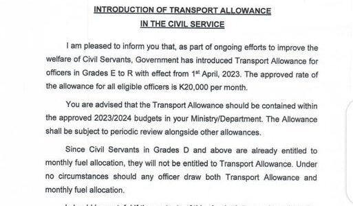 Govt introduces transport allowance to Civil Servants