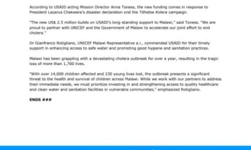 USAID GRANTS UNICEF US$2.5 MILLION TO SCALE UP CHOLERA RESPONSE IN MALAWI