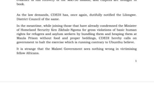 CDEDI condemns Chakwera’s Tonse for victimising refugees…Also seeks clarification on proof of recovery of MK750 million meant for AIP