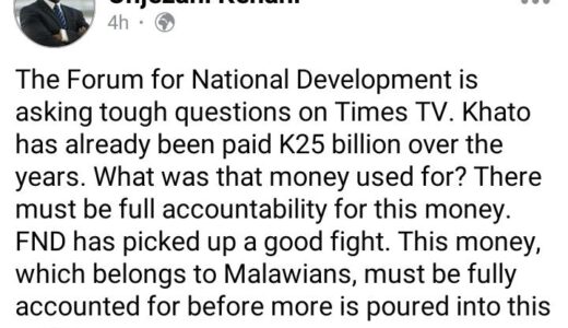 ONJEZANI KENANI’S FB POST ON KHATO, FND NEVER MENTIONED LEADER OF OPPOSITION NANKHUMWA, MP CLARIFIES