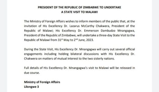 Zimbabwe President Mnangagwa to be in Malawi for three days