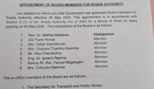 Reverend Matilda Matabwa appointed as Roads Authority Board Chair