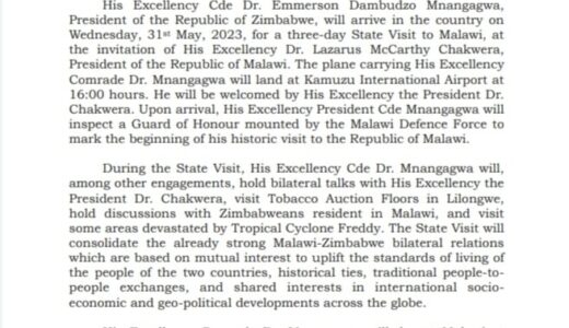 Zimbabwe President Dr. Emmerson Mnangagwa arrives in Malawi tomorrow for a three-day state visit